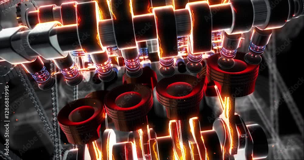 Poster zooming camera on car hood exposing v8 crankshaft and pistons. industry and technology related 3d an