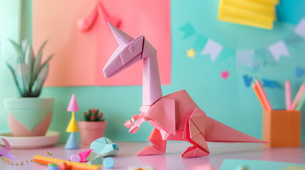 A creative pink origami figure blending a unicorn and dinosaur on a pastel-themed desk