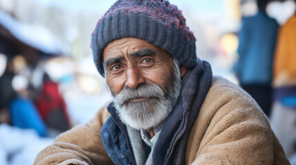 Himalayan senior man wearing winter clothes is looking at the camera