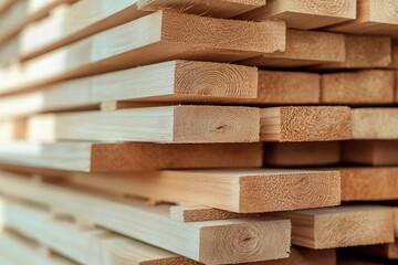 Close-up view of wooden planks stacked vertically in organized layers showcasing their texture and natural grain. Sunlight enhances the warm tones of the wood