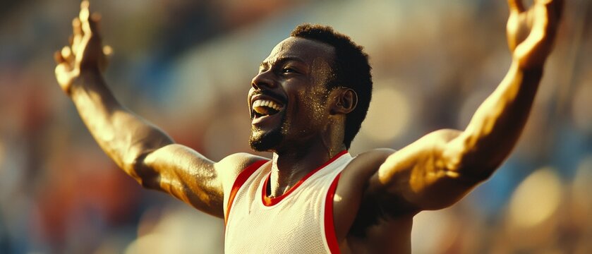 A triumphant athlete basks in the glory of victory, arms raised in celebration, with a backdrop of a cheering crowd.