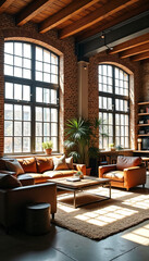 Sunlit Loft Apartment Living Room with Leather Sofa and Large Windows