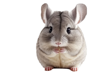 Fluffy gray chinchilla with dark eyes against a transparent background showcasing the rodent's soft fur and adorable features. Perfect for wildlife or pet themes