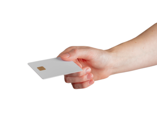 Female hand holding a blank credit card, tilted slightly to showcase payment methods and financial services. for promoting banking, cashback, and business transactions. Isolated on white background.