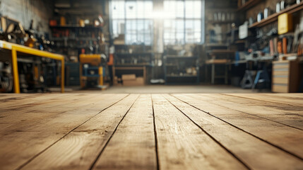 Blurred workshop setting with hardware tools and a wooden floor, designed for product montage or advertising backgrounds
