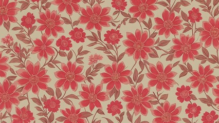 Intricate red vintage botanical wallpaper with vibrant flowers and foliage