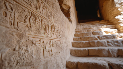 Ancient wall with hieroglyphics and stone steps, creating a sense of historical depth and archaeological intrigue. Textured surface.