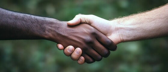 Two hands of different skin tones clasping, symbolize unity and connection, celebrating diversity and harmony.
