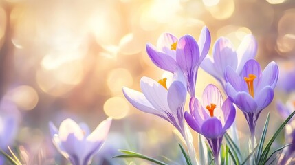 Dreamy spring crocus flowers bathed in soft sunlight, evoking renewal and warmth