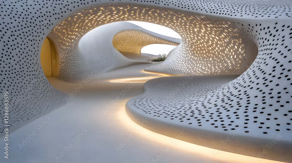 Poster white building with curved wall and abstract design in modern architecture setting