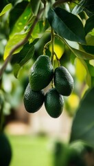 A lush avocado tree branch bursting with ripe fruit in a warm tropical farm environment
