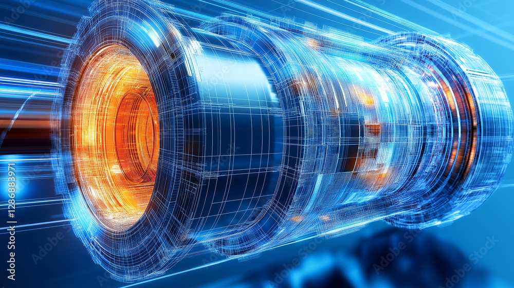Poster futuristic engine rotating and generating energy with blue and orange lights