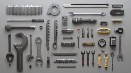Household construction tools and hardware supplies arranged on a gray background, ideal for home repair and banner use