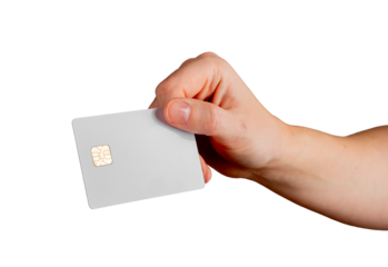 Female hand holding a blank credit card, tilted to showcase electronic payment, debit services, and promotions. Perfect for business, commerce, and advertising. Isolated on white background.