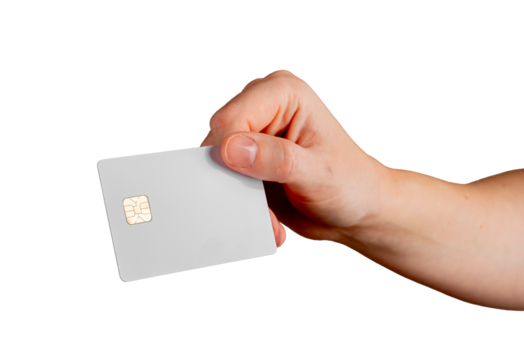 Female hand holding a blank credit card, tilted to showcase electronic payment, debit services, and promotions. Perfect for business, commerce, and advertising. Isolated on white background.