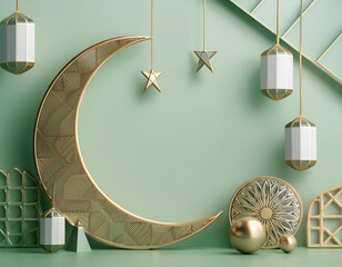 A clean and professional Eid-themed banner with decorative geometric patterns, crescent moon