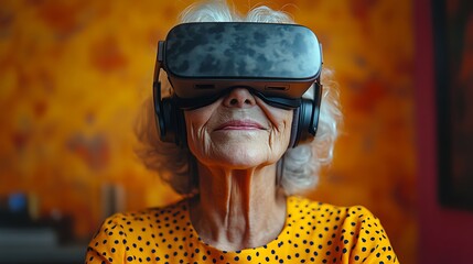 Senior lady experiencing VR technology with joy high resolution hd photo