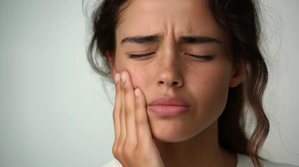 Fototapeta premium Young woman suffering from strong toothache touching cheek