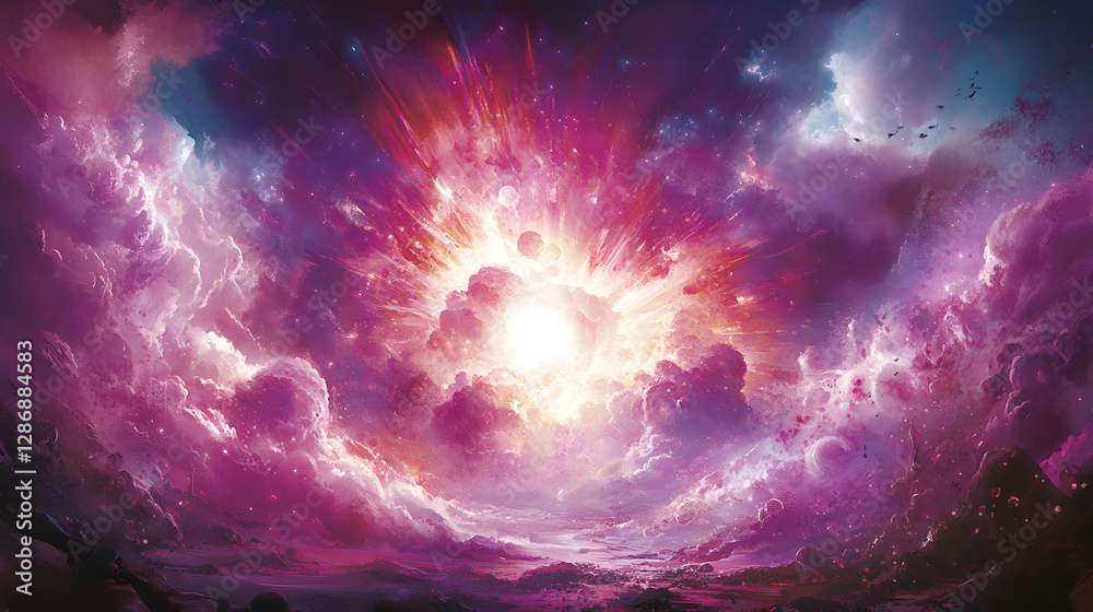 Canvas Prints painting of a purple nebula with bright light emanating from the center in an abstract style
