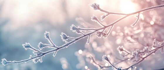 Fototapeta premium Frosted branches glisten in dawn light, capturing winter’s serene essence with a touch of warmth.