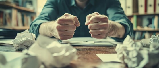 Clenched fists on a messy desk, full of crumpled papers, channel creative frustration amid the clutter of a writer’s critical moment.