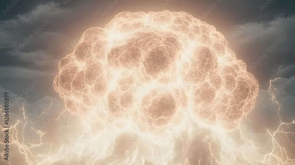 Poster abstract depiction of a large explosion with lightning and colorful shapes in a dynamic composition