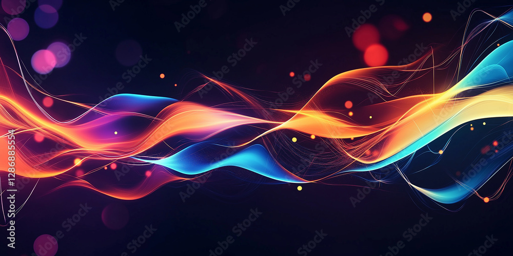 Fototapete Abstract colorful waves flowing on dark background with bokeh lights
