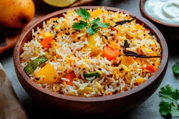 A vibrant medley of rice and assorted vegetables fills a wooden bowl, garnished with fresh herbs. Accompanied by yogurt and a slice of lemon, this dish highlights nutritious ingredients