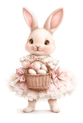 Obraz premium Vintage watercolour illustration with Easter Bunny holding a basket with Easter eggs