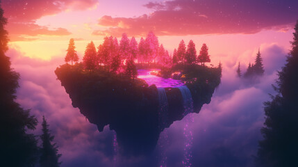 Dreamscape: An enchanted floating island bathed in a celestial glow. featuring a lush forest, cascading waterfall, and serene landscape, evokes a sense of wonder and serenity. 