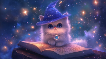 Whimsical Cat Wizard: A fluffy, adorable cat, adorned with a wizard's hat, sits atop an ancient book, amid a starry galaxy backdrop, embodying enchantment and magic.