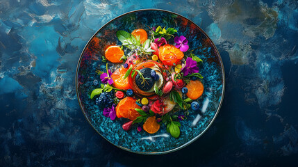 A Culinary Masterpiece: A vibrant, overhead shot of a meticulously arranged plate, showcasing a symphony of fresh fruits, edible flowers, and herbs, bursting with colors and textures.