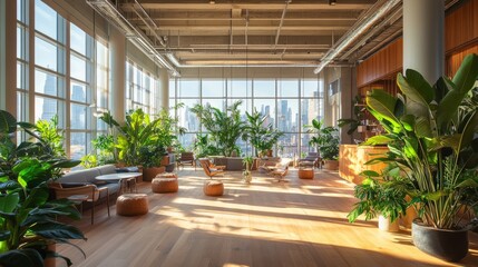 Fototapeta premium A large, airy office space with tall windows and lush plants like palms and rubber trees in the corners