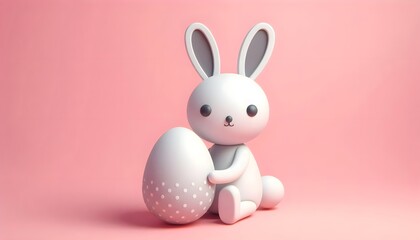 Obraz premium easter bunny holding egg, minimalistic 3d character, white on pink background