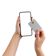 Female hand holding a blank smartphone, ideal for showcasing payment methods, mobile apps, and...