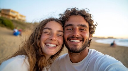 Fototapeta premium A couple poses happily for a beach sunset photo.
