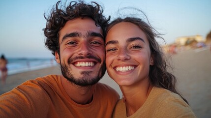 Obraz premium A smiling couple taking a selfie at a beach during sunset.