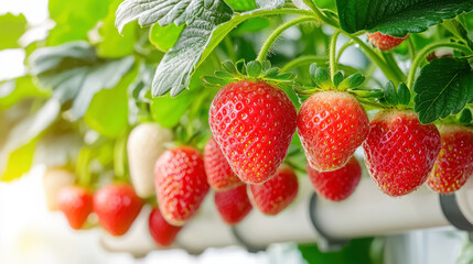 Close up of hydroponic strawberry rack, greenhouse cultivation for fresh produce