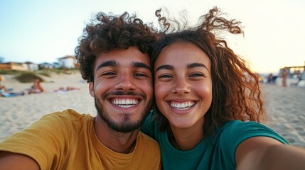 Fototapeta premium Couple taking selfie at beach
