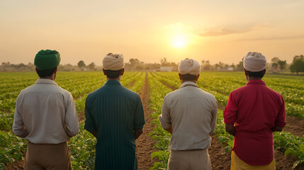 Farmers stand in the fields at sunset. Traditional attire, heads covered. Hope and perseverance illuminate their faces as they gaze at the vast cultivated land.