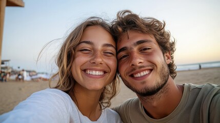 Obraz premium Two people sharing a joyful moment at sunset.
