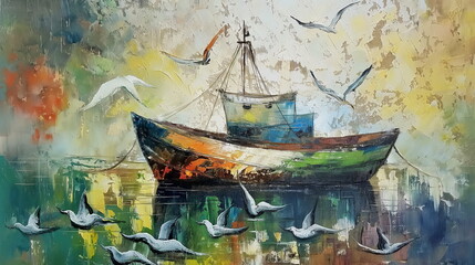 The seiner is among seagulls flocks of birds are c_004