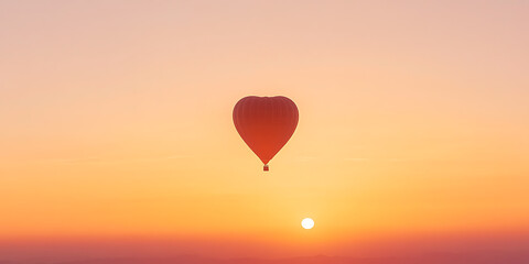 Fototapeta premium Heart shaped hot air balloon flying silhouetted against a vibrant sunset or sunrise sky. Romantic, uplifting, and symbolic of freedom and adventure.
