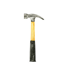 Hammer, hand carpentry tool. Watercolor illustration. Hammering nails. Repair work. Construction store, banner, background Isolated on white background