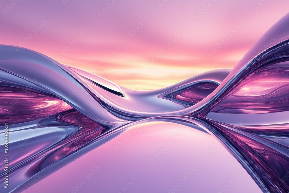 Poster abstract 3d rendering of flowing metallic forms in purple and pink hues, resembling a landscape unde