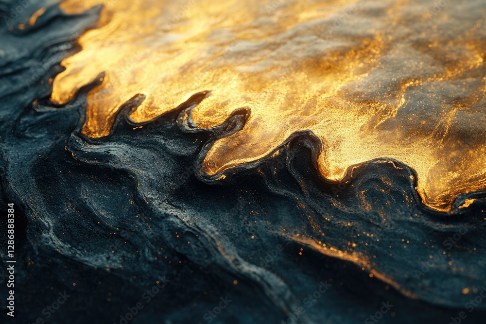 Poster Abstract art depicting a dark, textured surface with golden, flowing patterns resembling molten metal or lava.