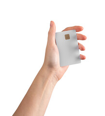 Female hand holding a credit card, displaying it for payment, transaction, or promotion. Isolated...