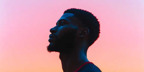 Profile portrait of a young African American man against a gradient pink and orange sky, lit in blue, looking upwards with thoughtful expression.