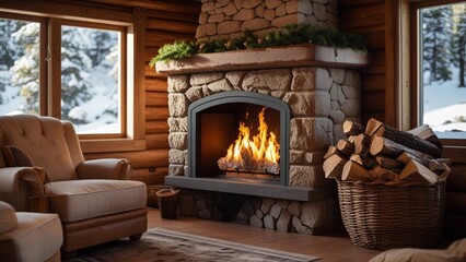 "Snowy Mountain Cabin with Warm Fireplace and Wooden Decor"