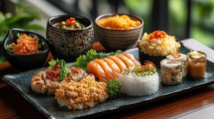 Diverse Japanese food platter on wooden table with garden view
